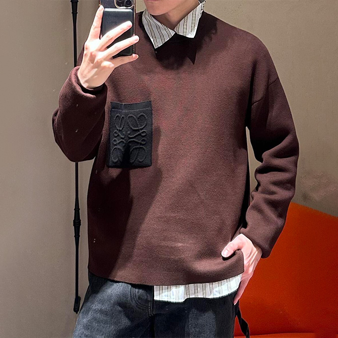 loewe double stitch cotton crew neck sweater with embossed patch pocket
